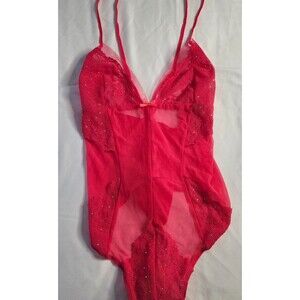 Victoria's Secret Red Lace Teddy Thong Bodysuit Rhinestones - L